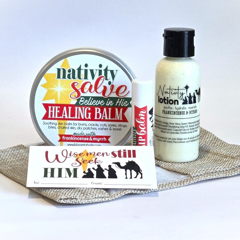Nativity Gift Bag Bundle {4 oz Salve, 2 oz Nativity Lotion + Lip Balm} in BURLAP Bag