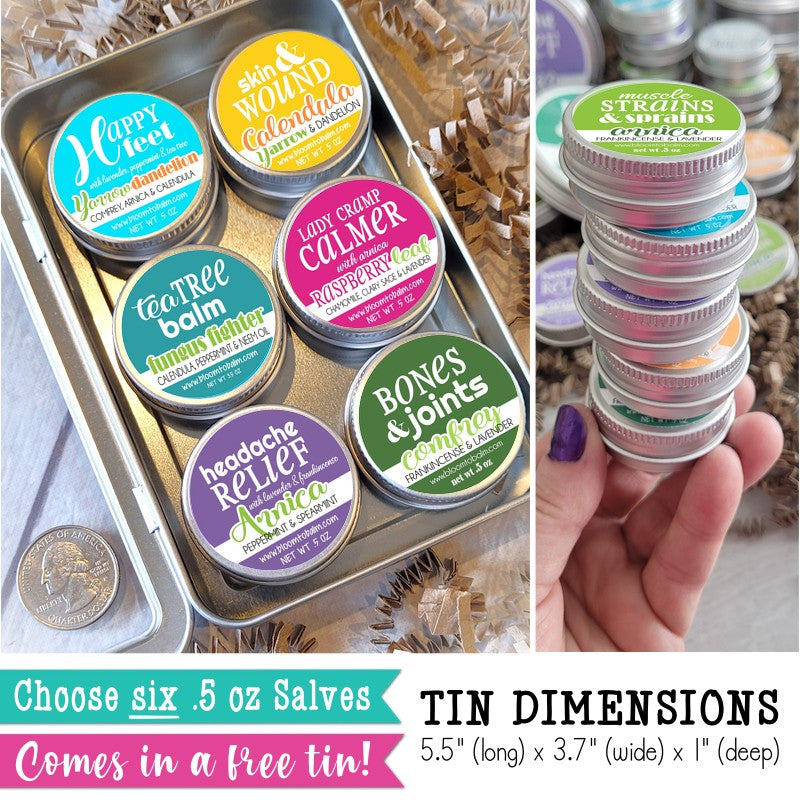 TRAVEL-SIZE Salve Kit (PICK 6 HALF OZ) + FREE Tin!