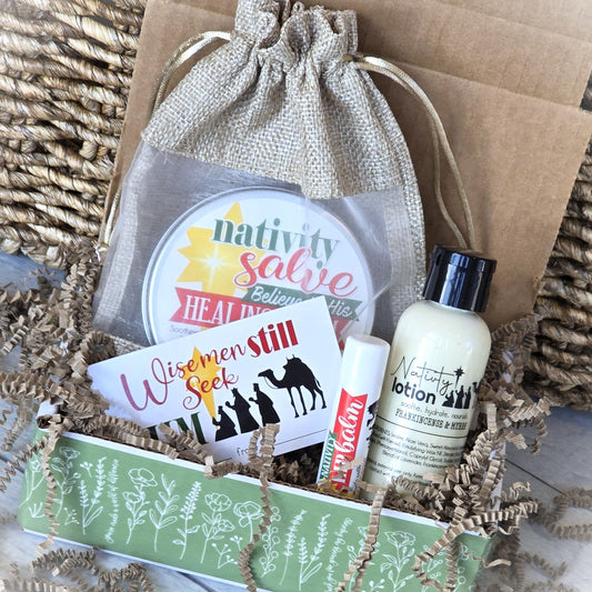 Nativity Gift Bag Bundle {4 oz Salve, 2 oz Nativity Lotion + Lip Balm} in BURLAP Bag