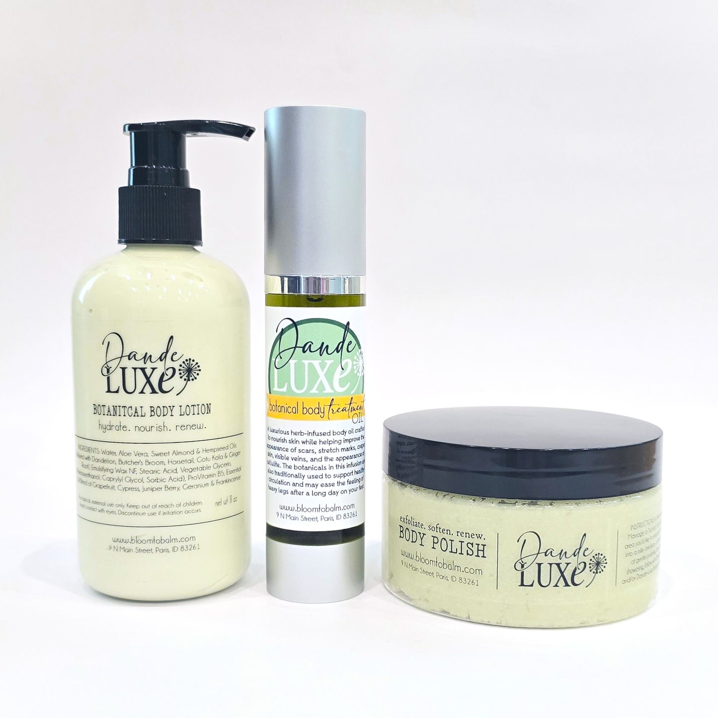 Dande-LUXE {TRIO} Body Polish, Treatment Oil & Botanical Lotion