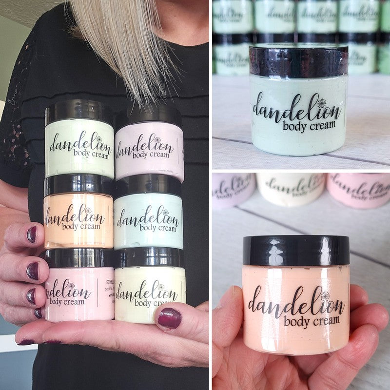 YOU PICK: Dandelion BODY CREAM or SCRUB {2 oz BUNDLE of 4} in Gift Bag