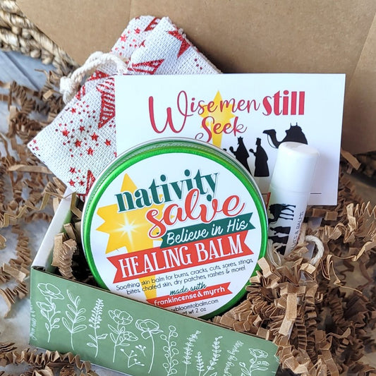 Nativity Gift Bag Bundle {2 oz Salve + Lip Balm} in STAR Bag (green tin)