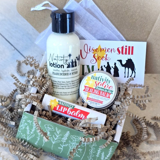 Nativity Gift Bag Bundle {2 oz Nativity Lotion, Half-OZ Nativity Salve + Lip Balm} in Organza Bag