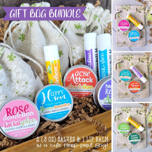 MINI GIFT BAG BUNDLE: 2 Salves (.5 oz) + 1 Lip Balm